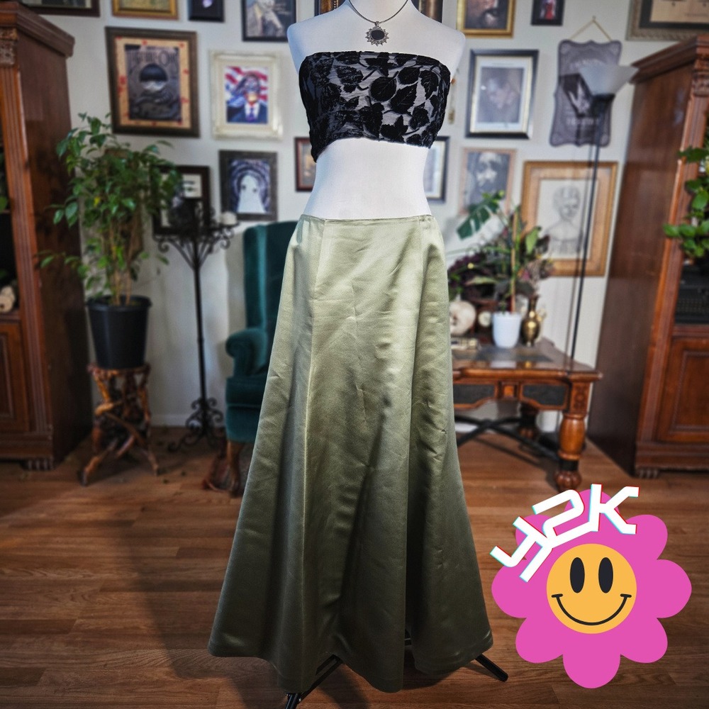 Vintage‎ Y2K Monique Lhuillier Olive Green Satin Maxi Skirt Formal Skirt